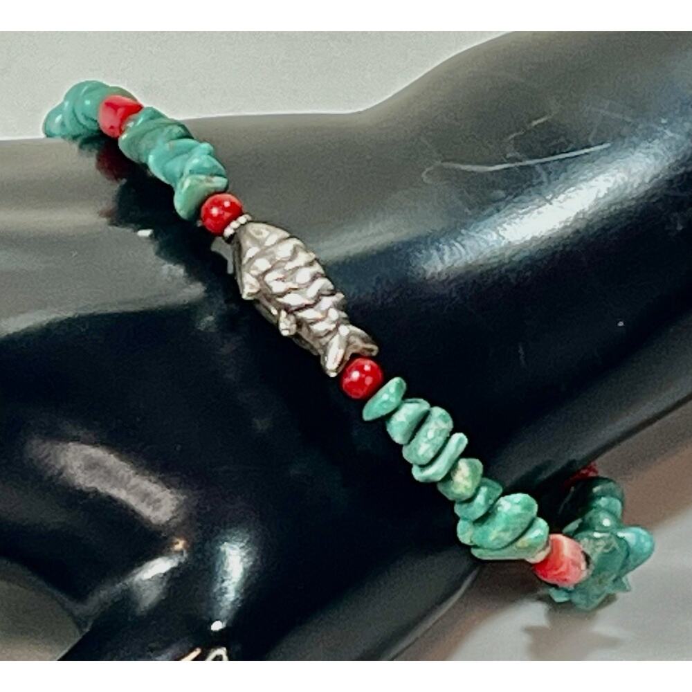 Genuine Turquoise Red Spiny Oyster Native American Sterling Fish Bead Bracelet